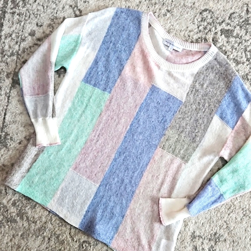 White + Warren 100% linen pastel geometric print sweater